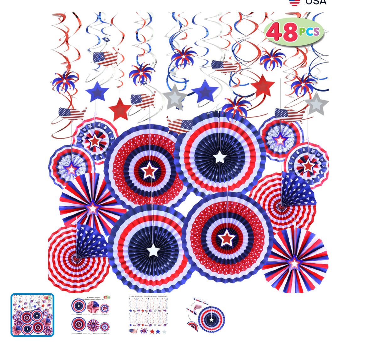 48 Pcs Patriotic Party Decorations of 12 Paper Fan, 36 Swirl Streamers for 4th of July