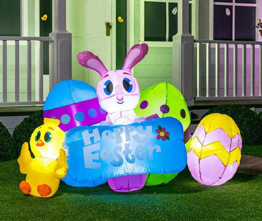 6ft Long Easter Inflatable Bunny with Eggs & Chicken with Sign Build-in LEDs