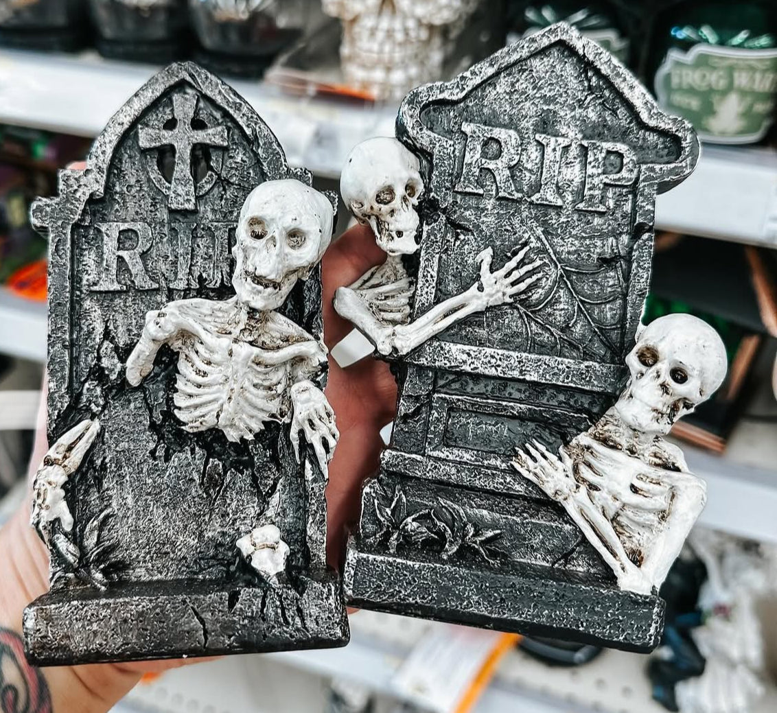 RIP headstone with skeletons Halloween decor 6 inch resin - additional view