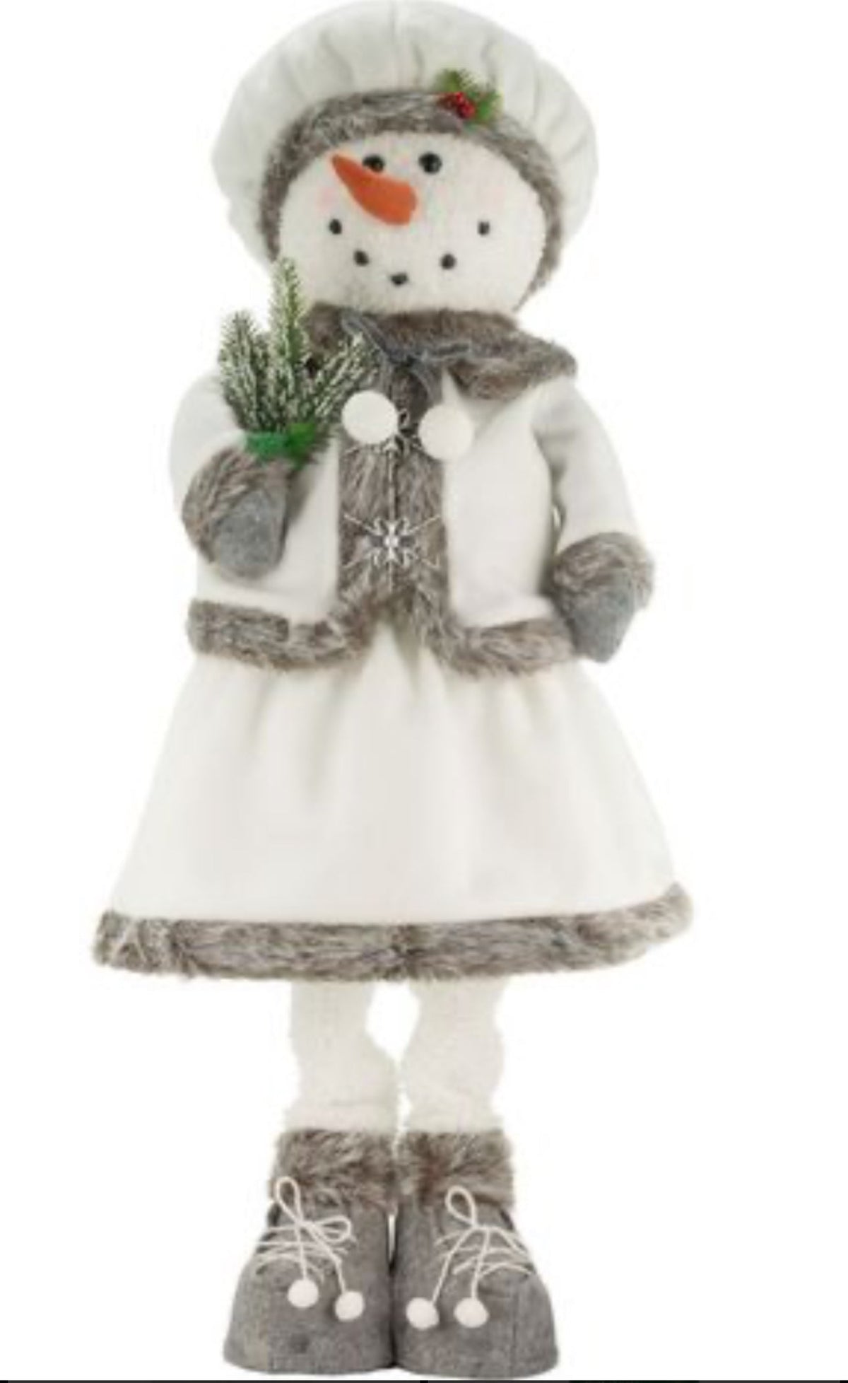 Festive snowman in white garb, gray fur lined 24-31” tall extendable legs
