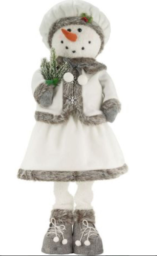 Festive snowman in white garb, gray fur lined 24-31” tall extendable legs