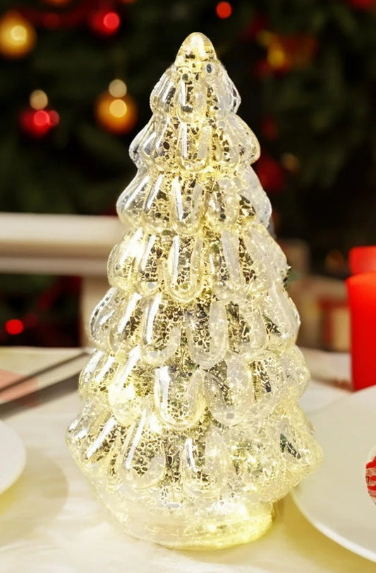 Glass Christmas Tree w / LED Lights - 10.25" 2 Pack of Vintage Style Illuminated Glass Tree Decoration - Battery Operated Tabletop Christmas Decor for Home, Fireplace, Living Room, Holiday Party