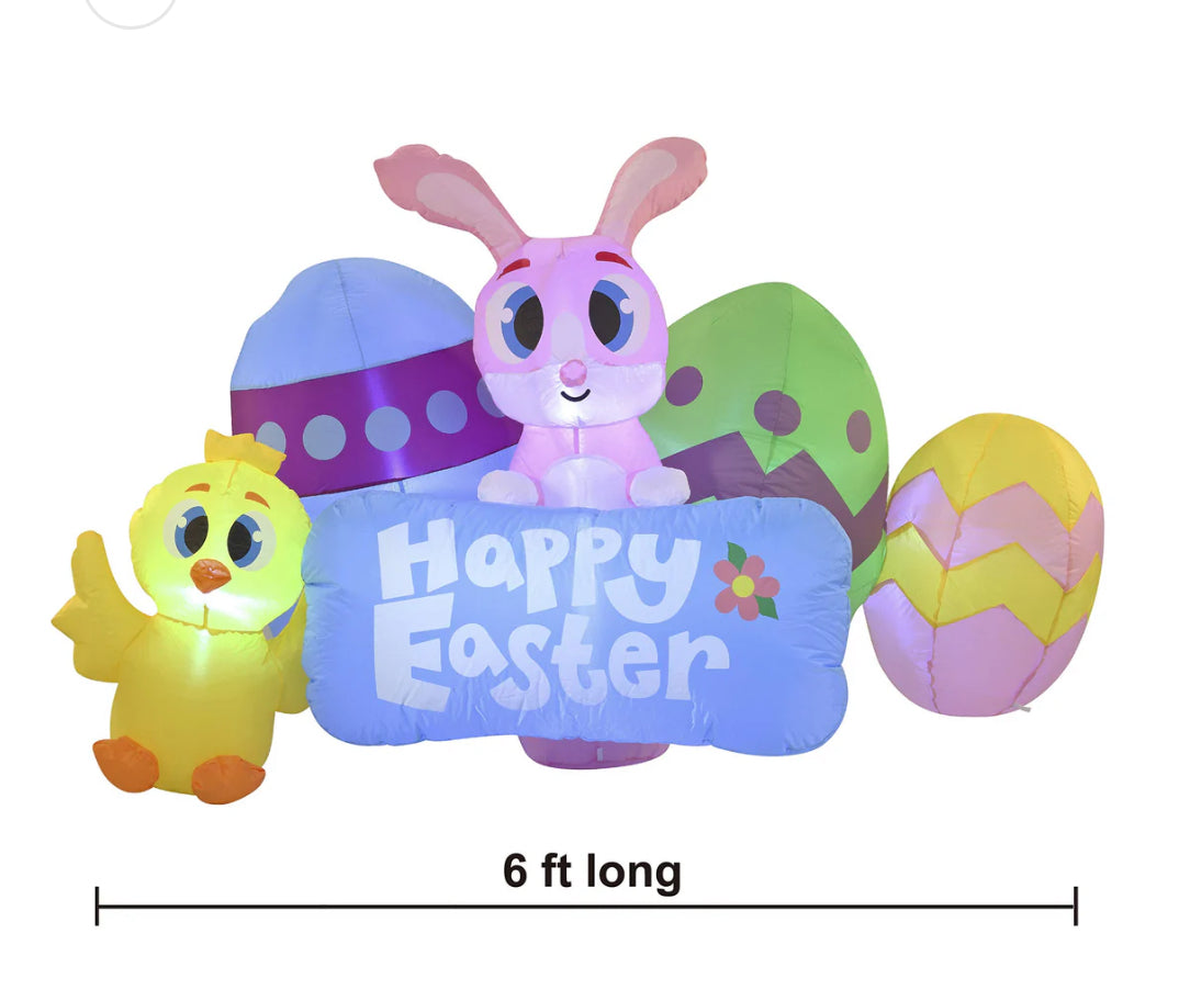 6ft Long Easter Inflatable Bunny with Eggs & Chicken with Sign Build-in LEDs - additional view