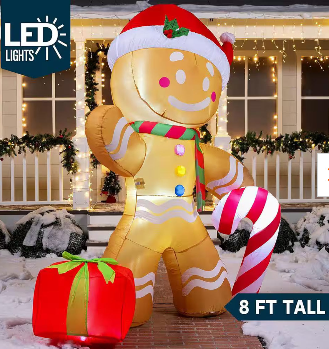 8 ft. Christmas Inflatable Gingerbread Man with Candy Cane, Inflatable Inflatable Yard Decoration with Build-in LEDs