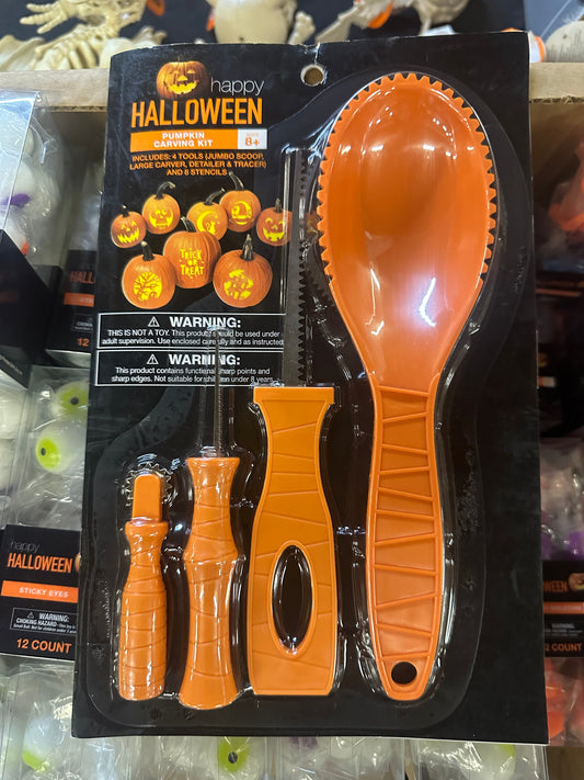 Halloween pumpkin carving kit with design pack, scoop and cutting tools