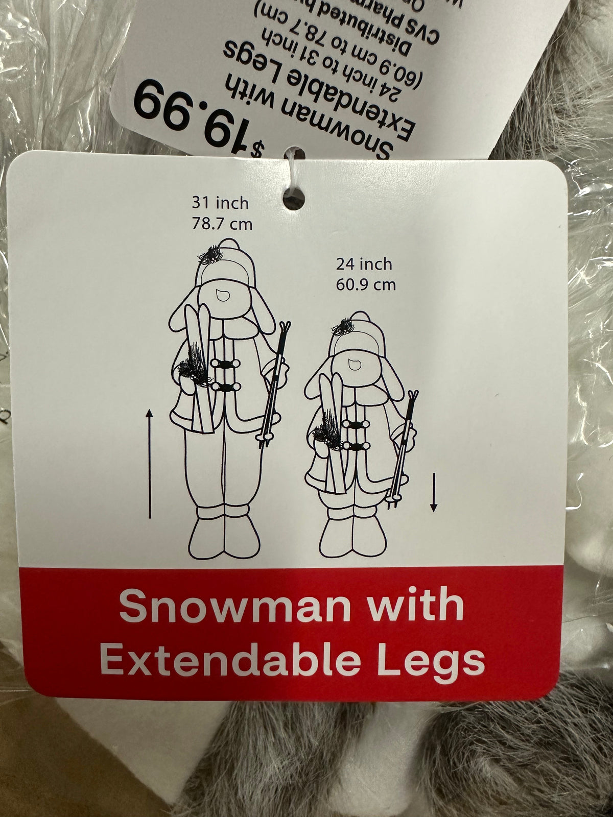 Festive snowman in white garb, gray fur lined 24-31” tall extendable legs - additional view