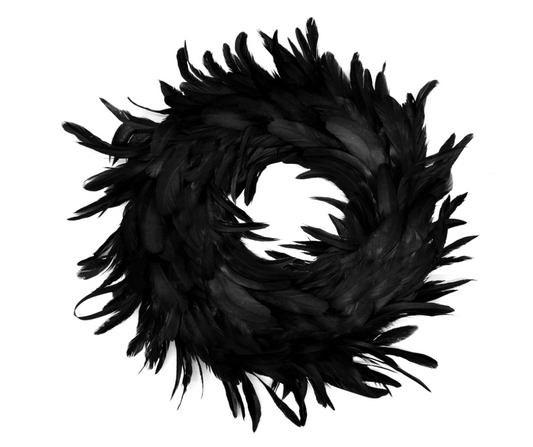 Natural Feathers Wreath 13.5" in Black for Halloween Decorations, Spooky Scene