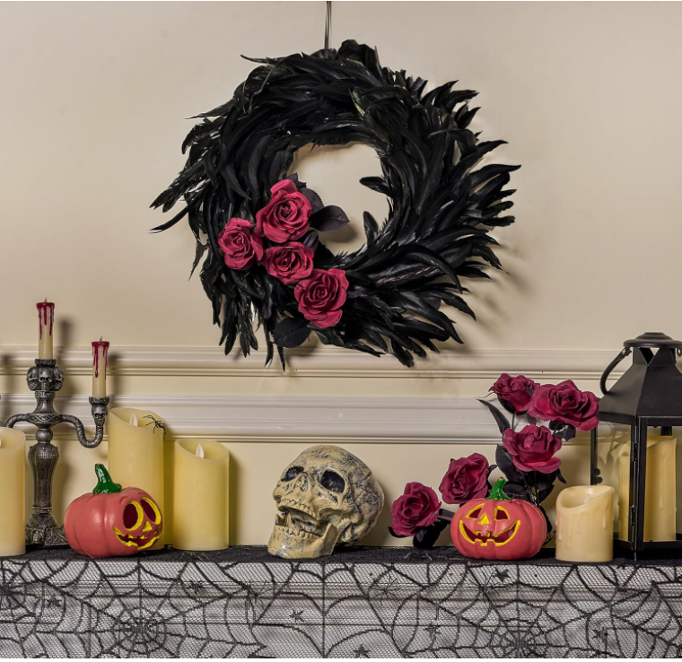 Natural Feathers Wreath 13.5" in Black for Halloween Decorations, Spooky Scene - additional view