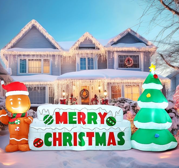 10 FT Merry Christmas Sign Inflatable With Gingerbread Man & Christmas Tree