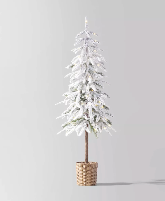 4' Pre-lit LED Dewdrop Downswept Flocked Balsam Fir with Basket