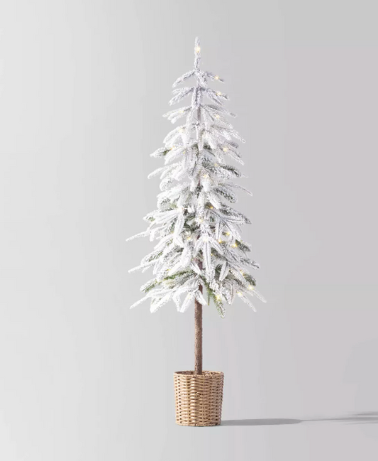 4' Pre-lit LED Dewdrop Downswept Flocked Balsam Fir with Basket