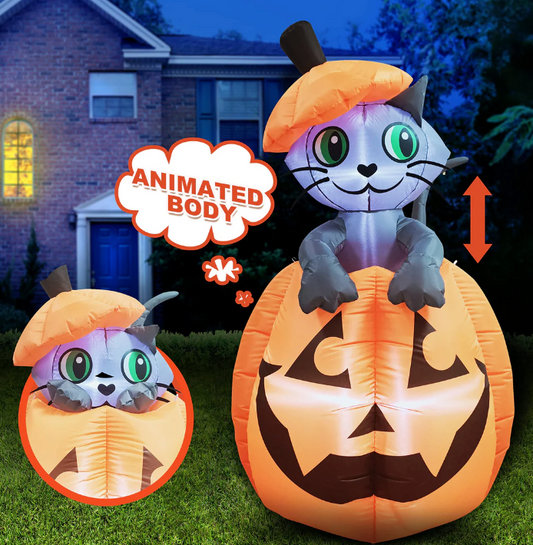 Animated Halloween Kitty Cat On Pumpkin - 5 ft Halloween Inflatable Yard Decoration