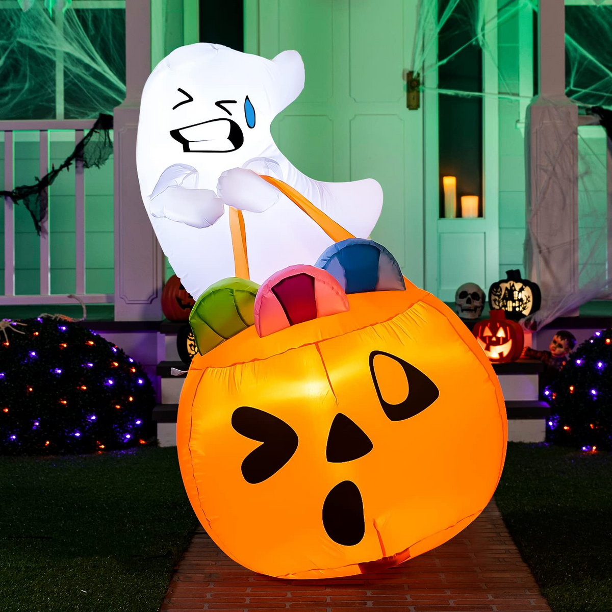 Joiedomi 5 FT Halloween Inflatable Ghost Lift Pumpkin Candy Bag with LEDs